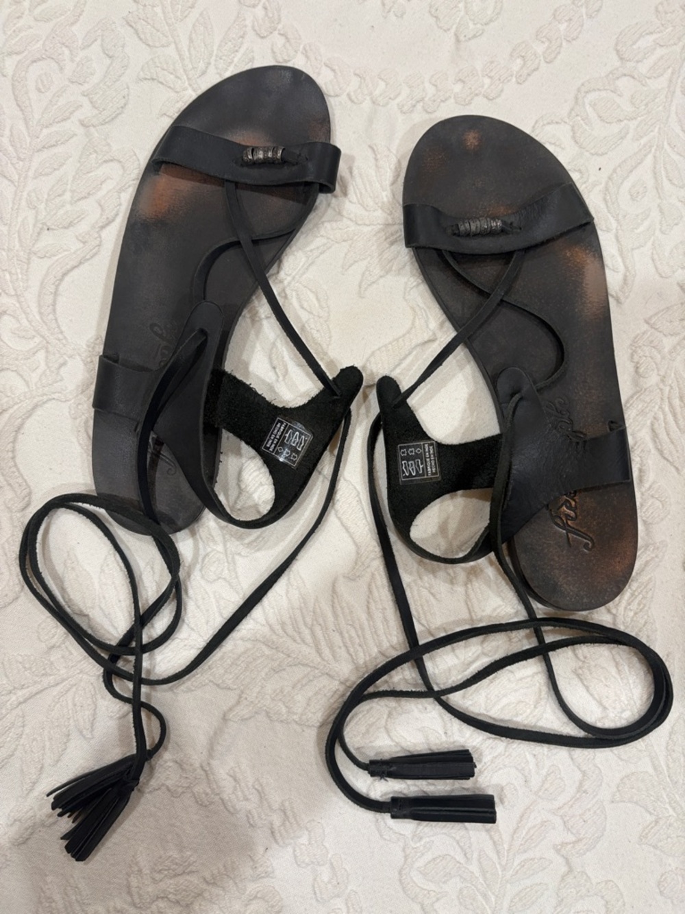 Free People Black Lace-Up Tassel Strap Sandals